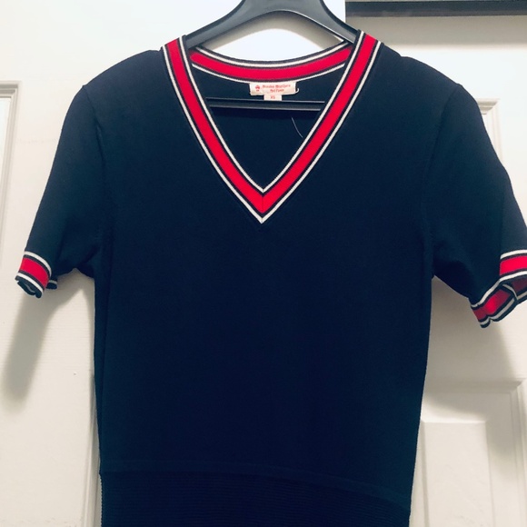 XS Navy Trim V-Neck Knit Midi Dress - Picture 4 of 10